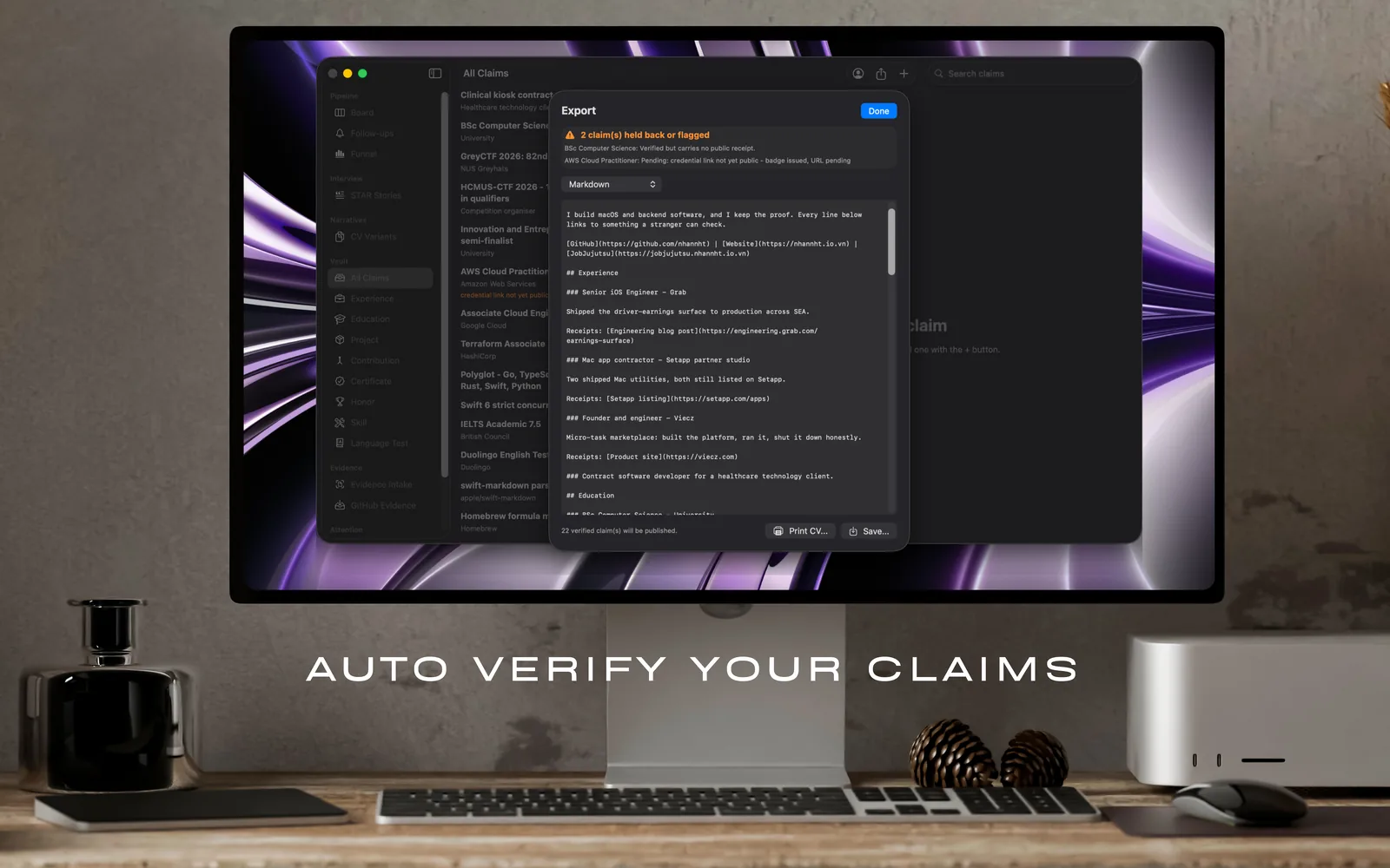 The export sheet with a banner naming two claims it held back