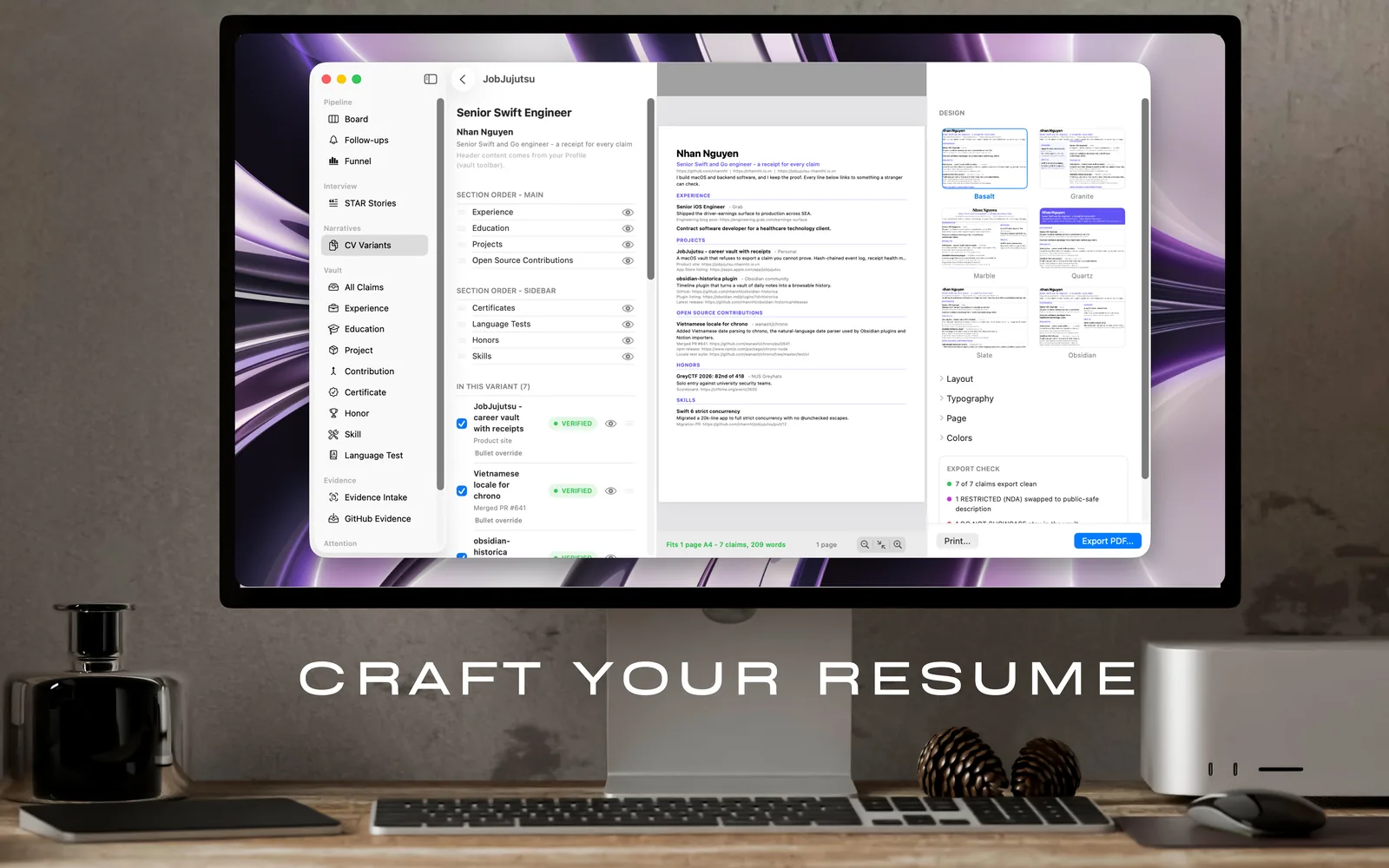 The Resume Studio with the claim list, a live page preview, and design controls