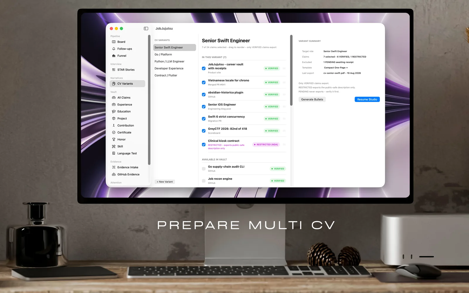 The CV Variants pane with a separate variant per role and its claims ticked